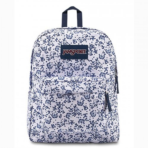 white jansport backpack with flowers