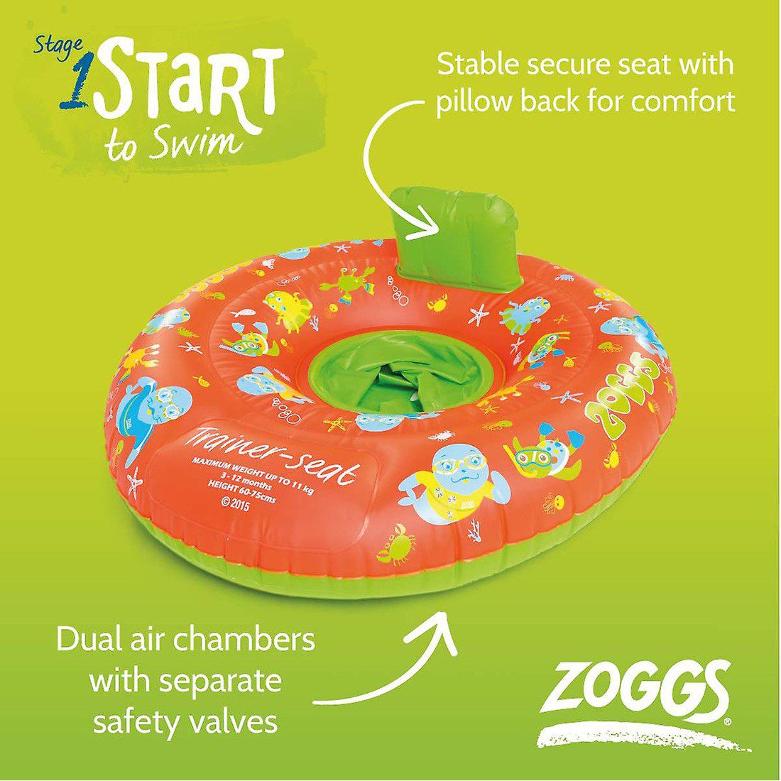 Zoggs Baby Inflatable Trainer Swimming Pool Seat Orange - Image 2