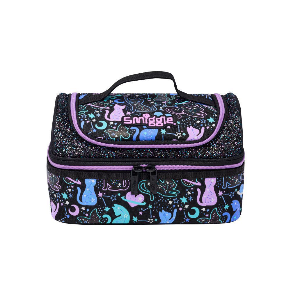Smiggle Double Decker Lunch Bag - Kitten Lilac Black