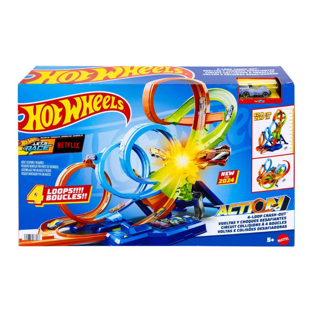 Mattel Hot Wheels Action 4-Loop Crash Out Track Set with Motorized Booster and Toy Car