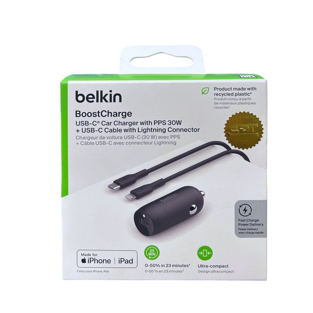 Belkin BoostCharge 30W USB-C Car Charger And USB-C Lightning Connector - Black