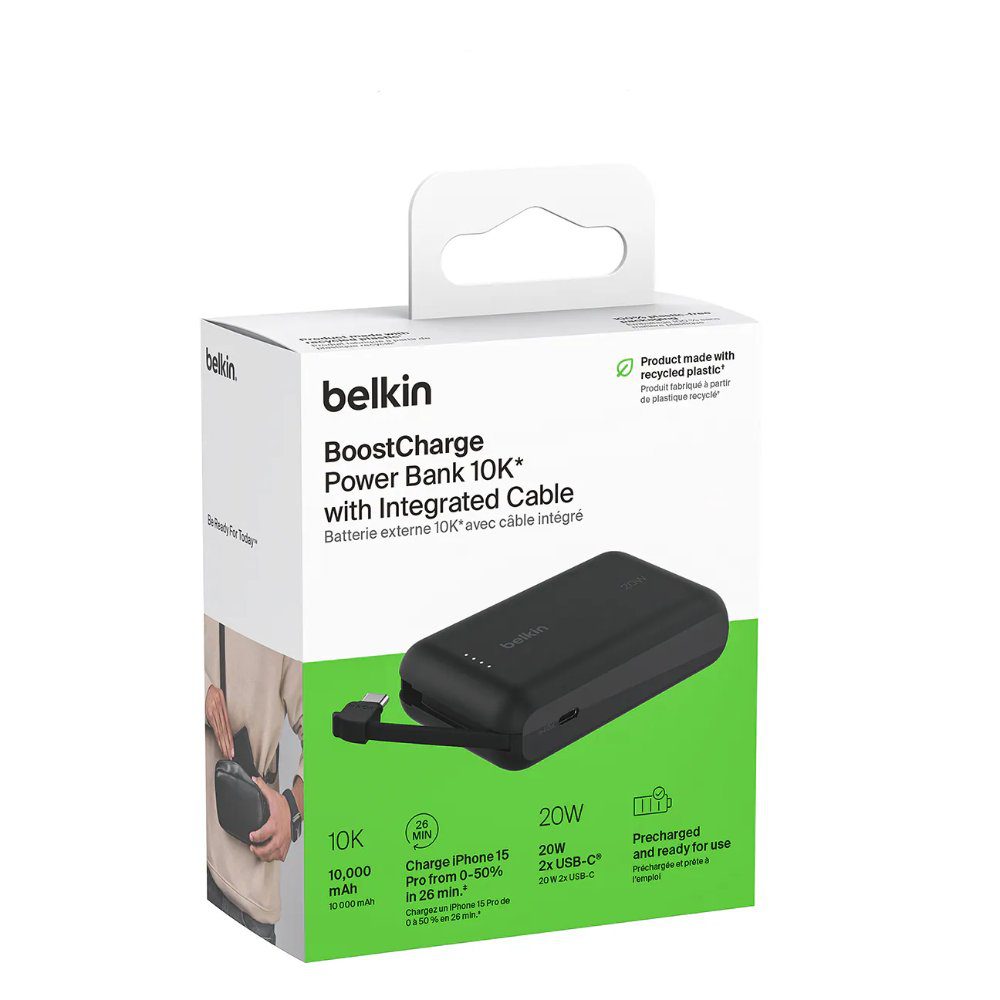Belkin BoostCharge Power Bank 10K with Integrated Cable - Black