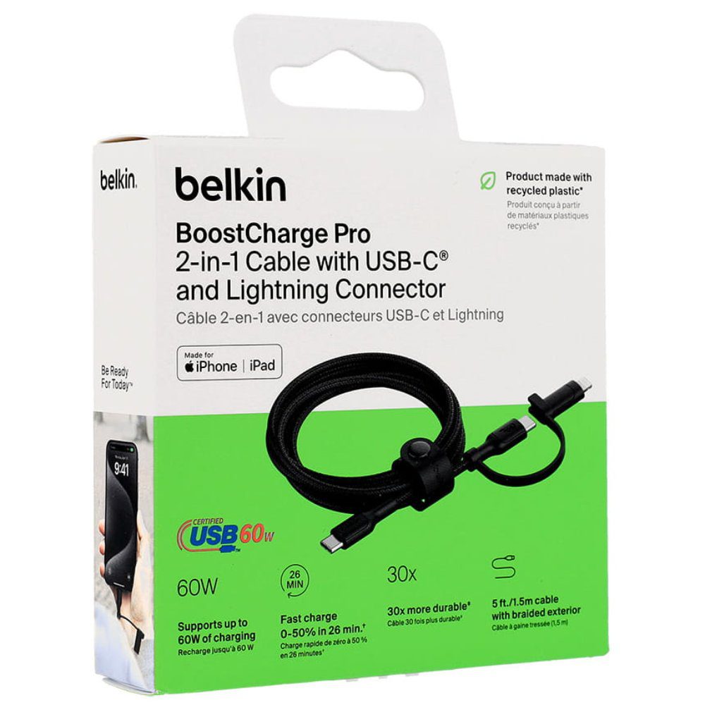 Belkin BoostCharge Pro 2-in-1 Cable with USB-C and Lightning Connector - Black
