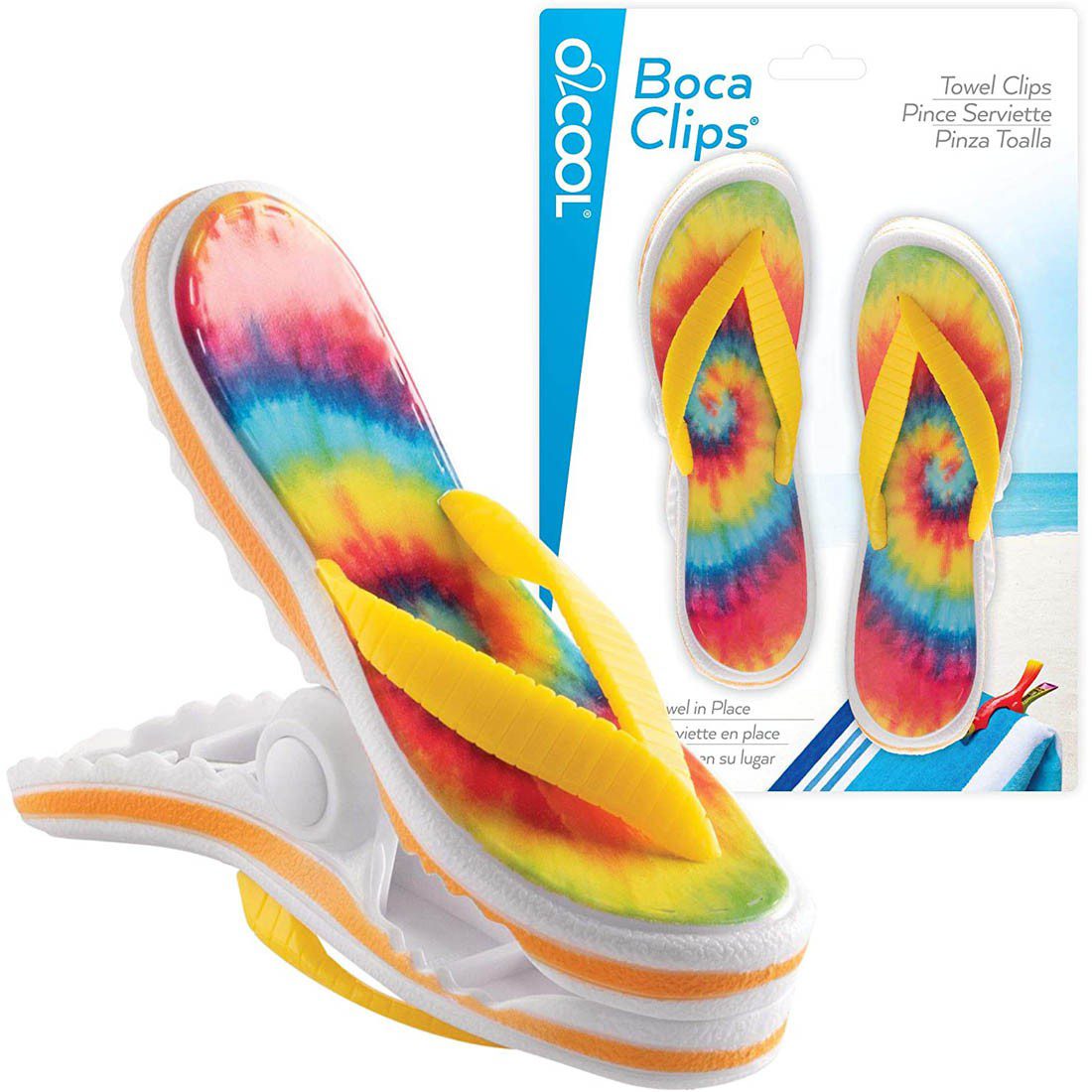 O2COOL Boca Clips Beach Towel Holders - Flip Flop Tie Dye