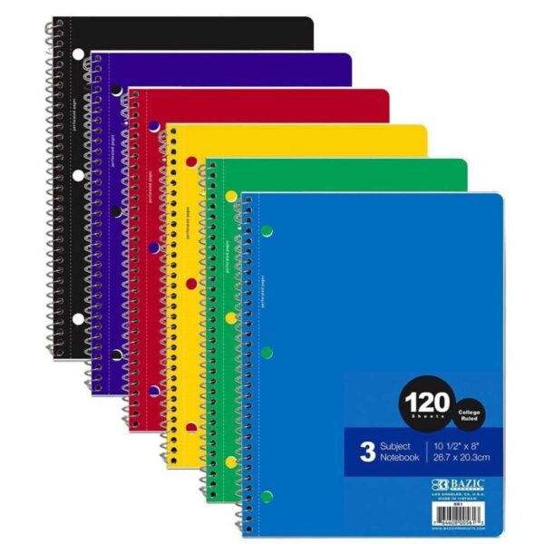 BAZIC 3 Subjects Spiral Notebook