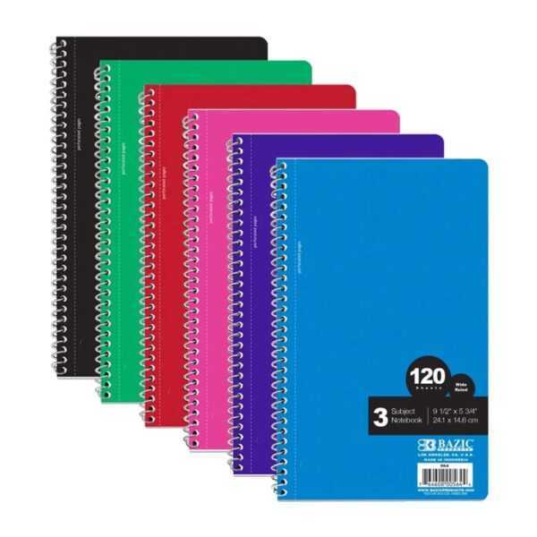 BAZIC Wide Ruled 3 Subject Spiral Notebook