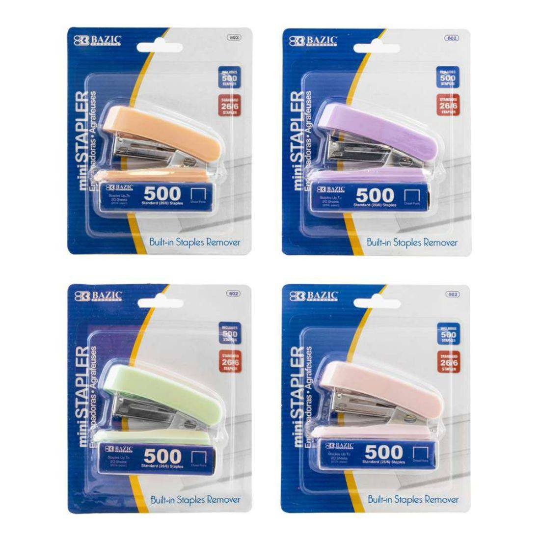 BAZIC Mini Standard (26/6) Stapler Pastel Color with 500 Staples