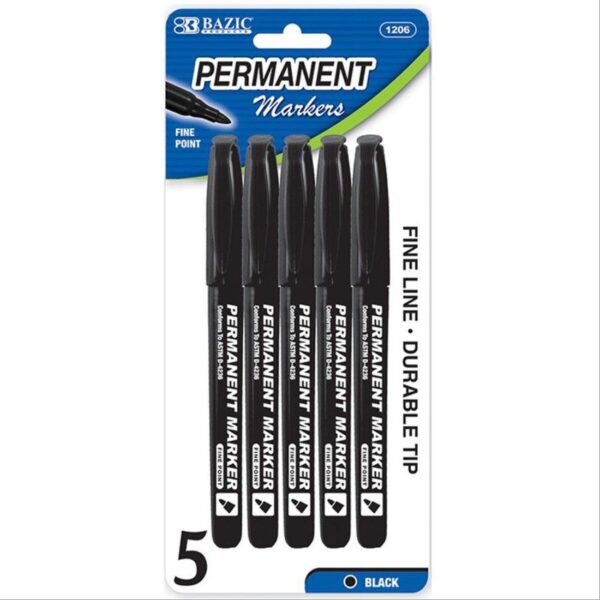 BAZIC Black Fine Tip Permanent Markers with Pocket Clip Set of 5
