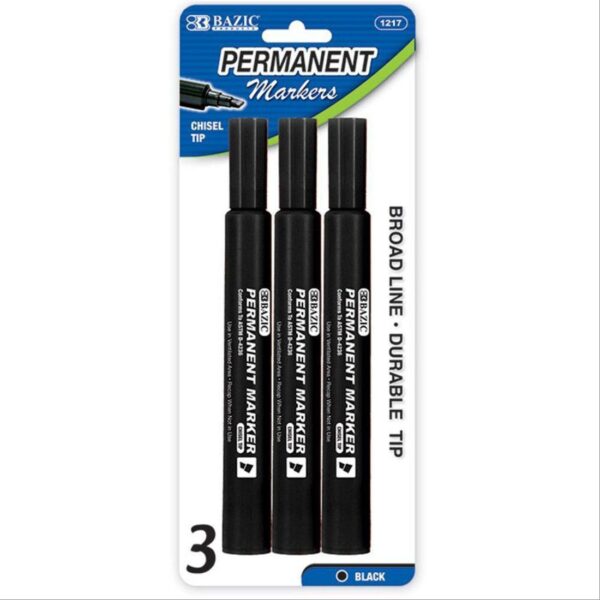 BAZIC Black Chisel Tip Jumbo Permanent Marker Set of 3
