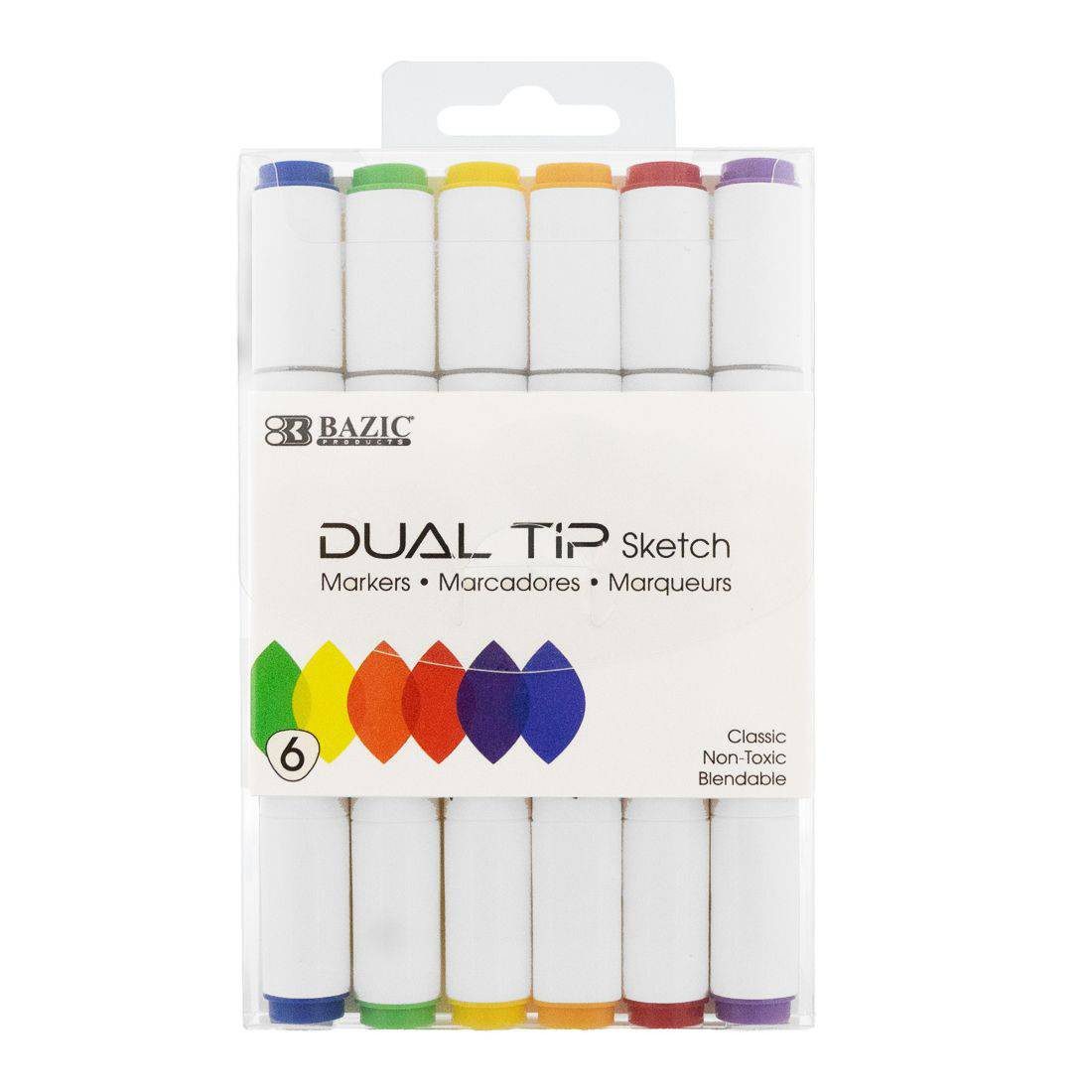 BAZIC Dual Tip Sketch Markers Primary Colors Chisel & Brush - Pack of 6
