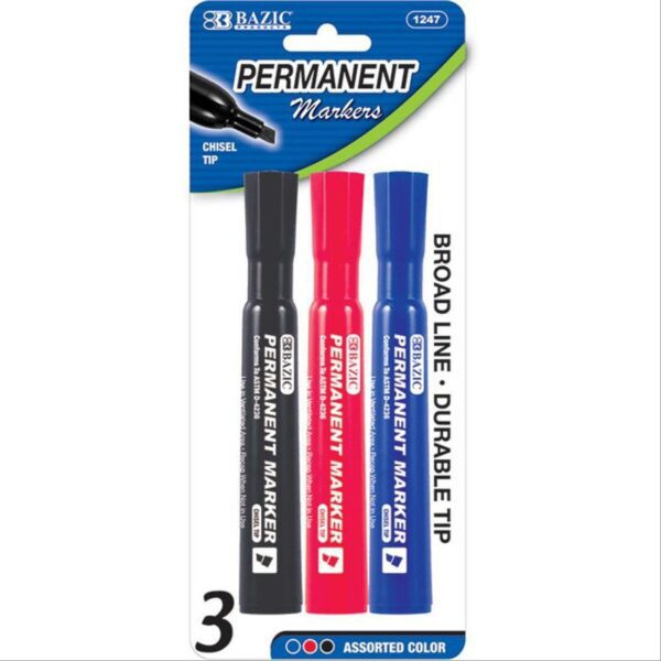 BAZIC Chisel Tip Desk Style Permanent Markers Set of 3