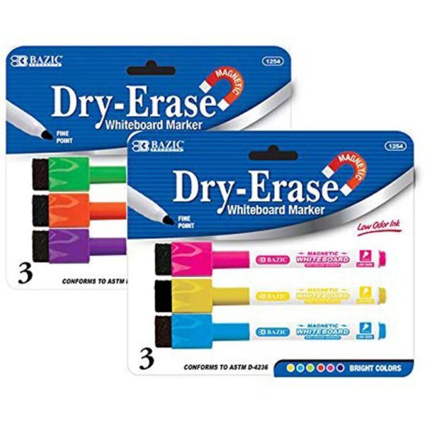 BAZIC Bright Color Magnetic Dry-Erase Markers Set of 3