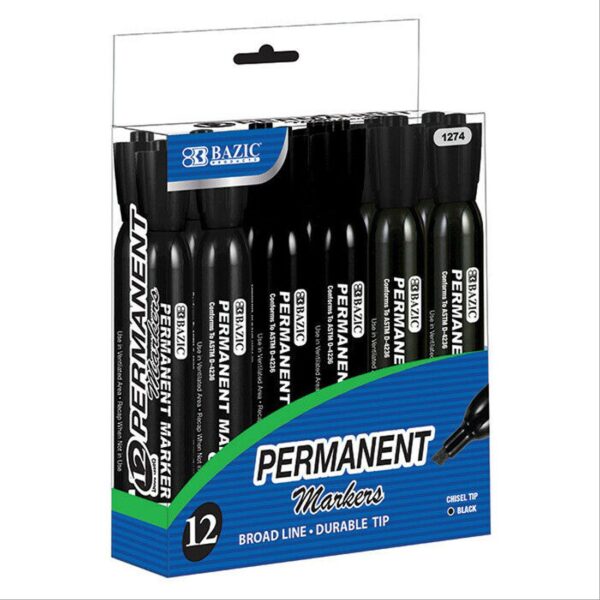 BAZIC Black Color Chisel Tip Desk Style Permanent Markers Set of 12