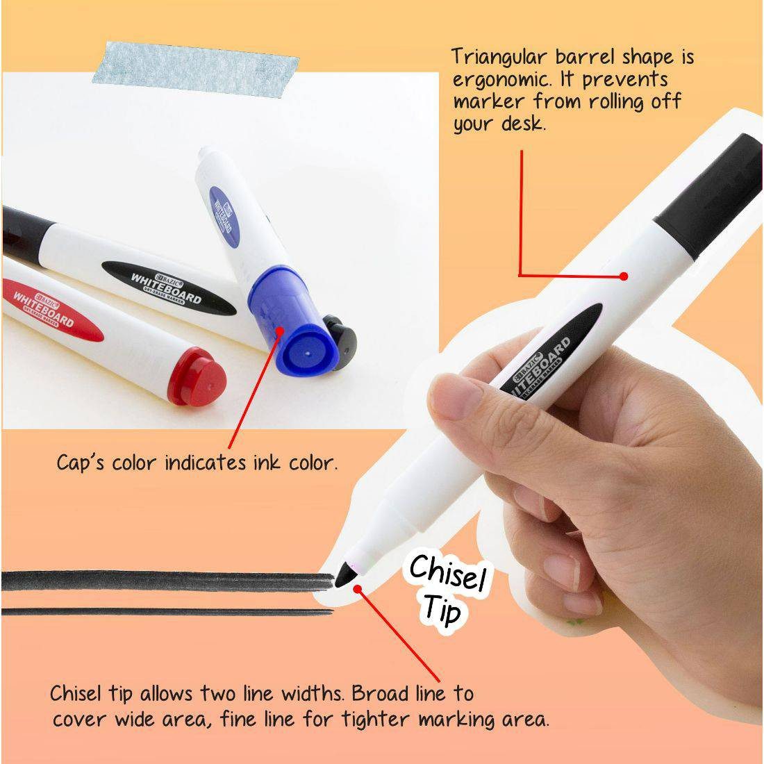 Bazic Triangular Dry-Erase Markers Assorted Colors Pack of 3 - Image 2