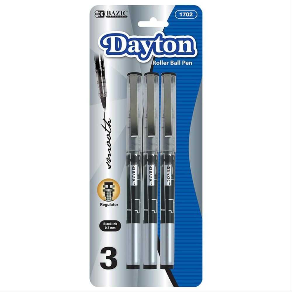 BAZIC Dayton Black Rollerball Pen With Metal Clip Set of 3