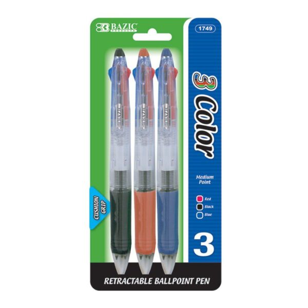 BAZIC Color Pen with Cushion Grip Set of 3