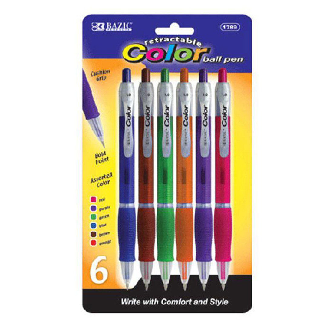 BAZIC 6 Color Retractable Pen with Cushion Grip