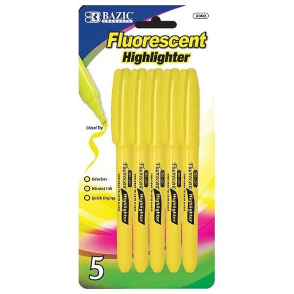BAZIC Yellow Pen Fluorescent Highlighter with Pocket Clip