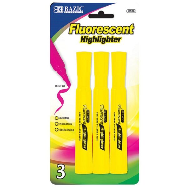 BAZIC Yellow Desk Style Fluorescent Highlighters Set of 3