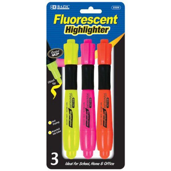 BAZIC Desk Style Fluorescent Highlighters with Cushion Grip Set of 3