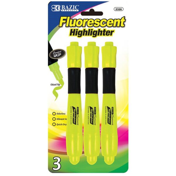 BAZIC Yellow Desk Style Fluorescent Highlighters with Cushion Grip Set of 3