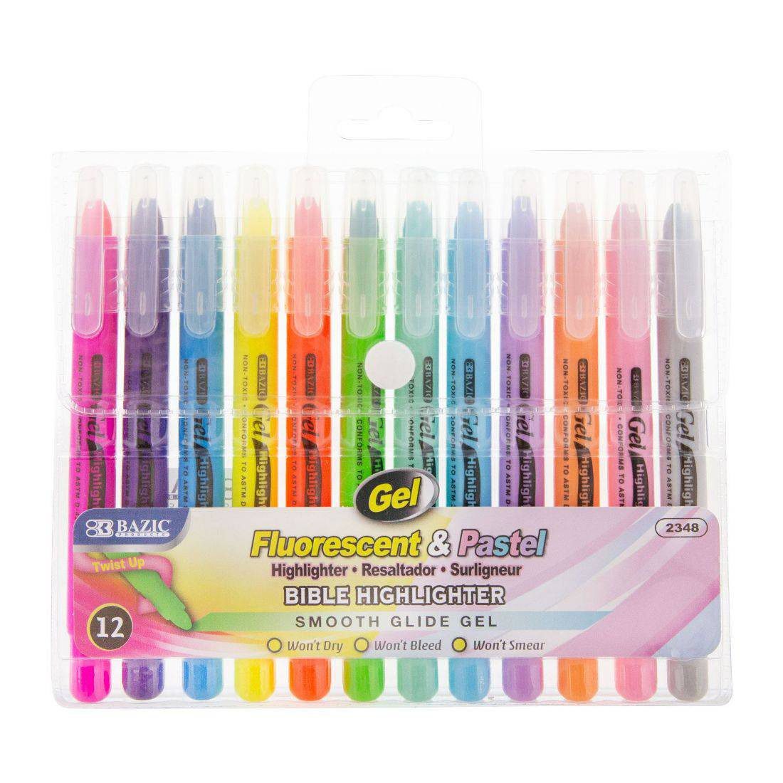 Bazic Gel Bible Fluorescent & Pastel Highlighter Pack of 12