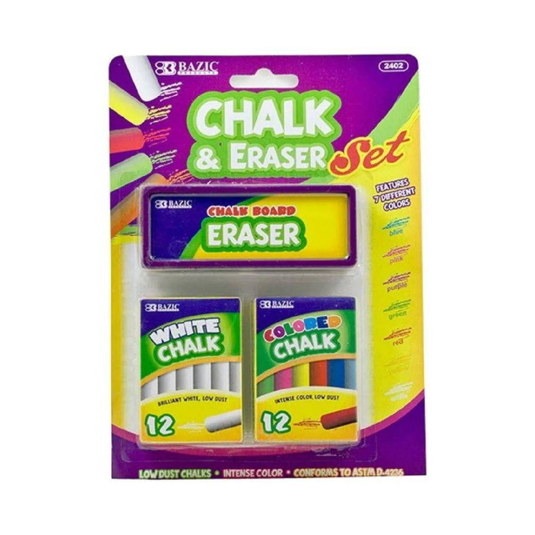 BAZIC Color & White Chalk With Eraser Set