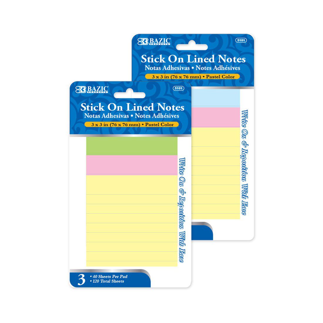 BAZIC 40 Lined Stick On Note Set of 3