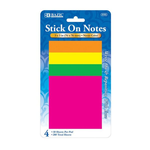 BAZIC Neon Stick On Notes Set of 4