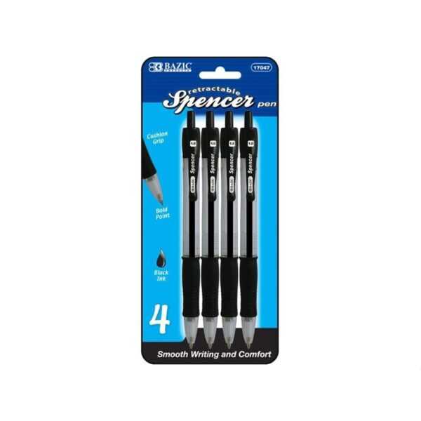 BAZIC Spencer Black Retractable Pen with Cushion Grip Set of 4