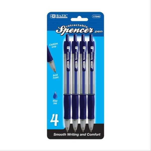 BAZIC Spencer Blue Retractable Pen with Cushion Grip Set of 4